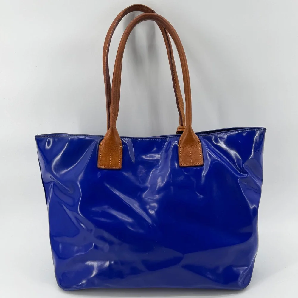 Dooney & Bourke Tote Bag Womens Medium Blue Patent Leather Tan Trim Shoulder Bag